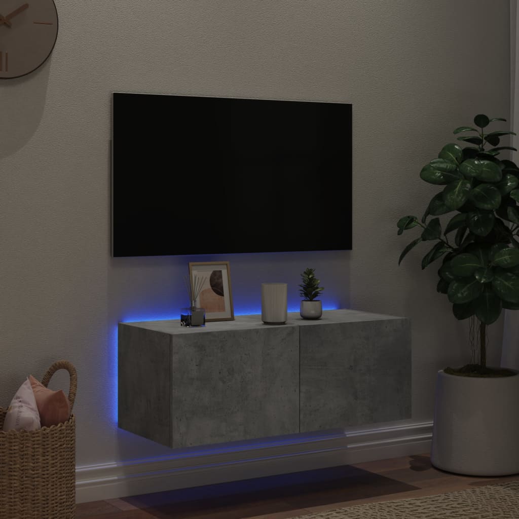 Wall-mounted TV cabinet with LED lights, concrete gray, 80x35x31 cm