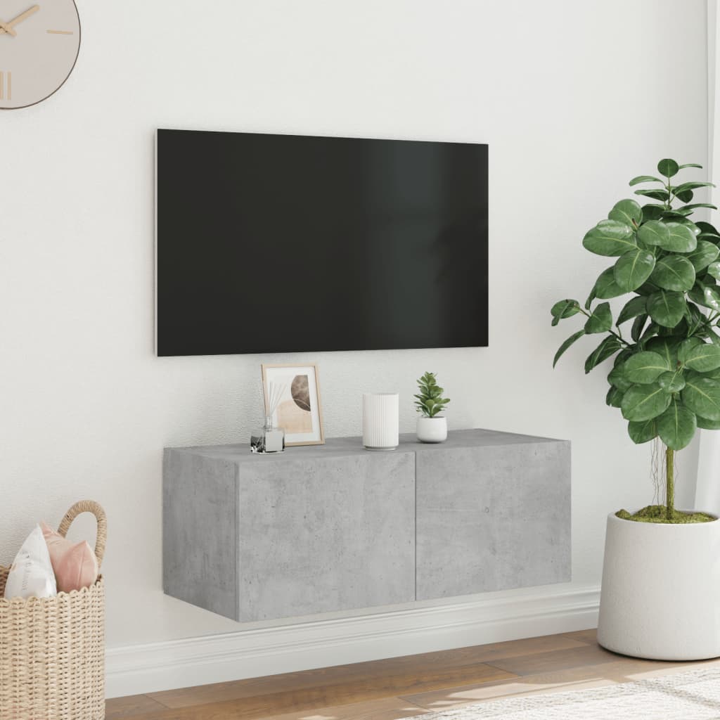 Wall-mounted TV cabinet with LED lights, concrete gray, 80x35x31 cm