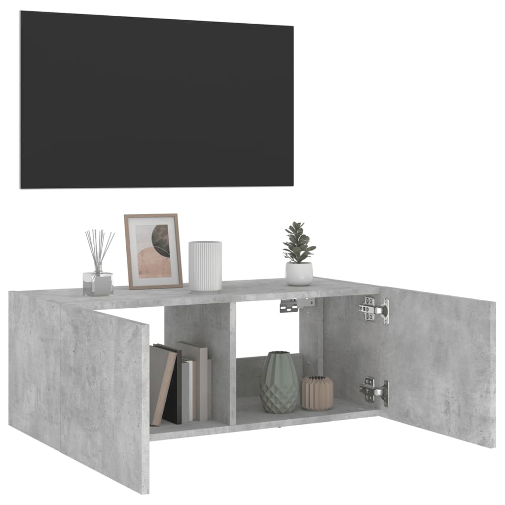 Wall-mounted TV cabinet with LED lights, concrete gray, 80x35x31 cm