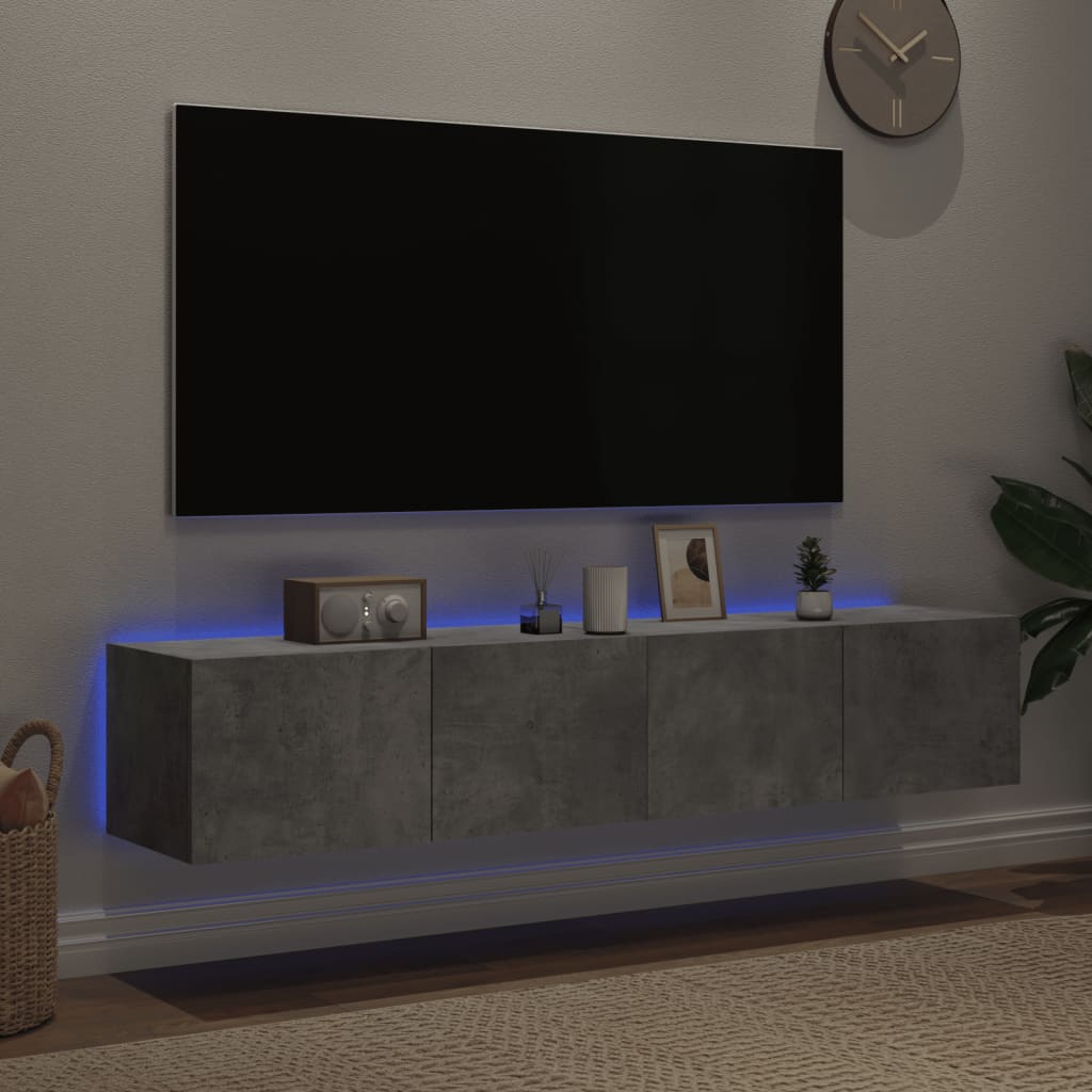 Comode TV de perete cu lumini LED 2 buc. gri beton 80x35x31 cm