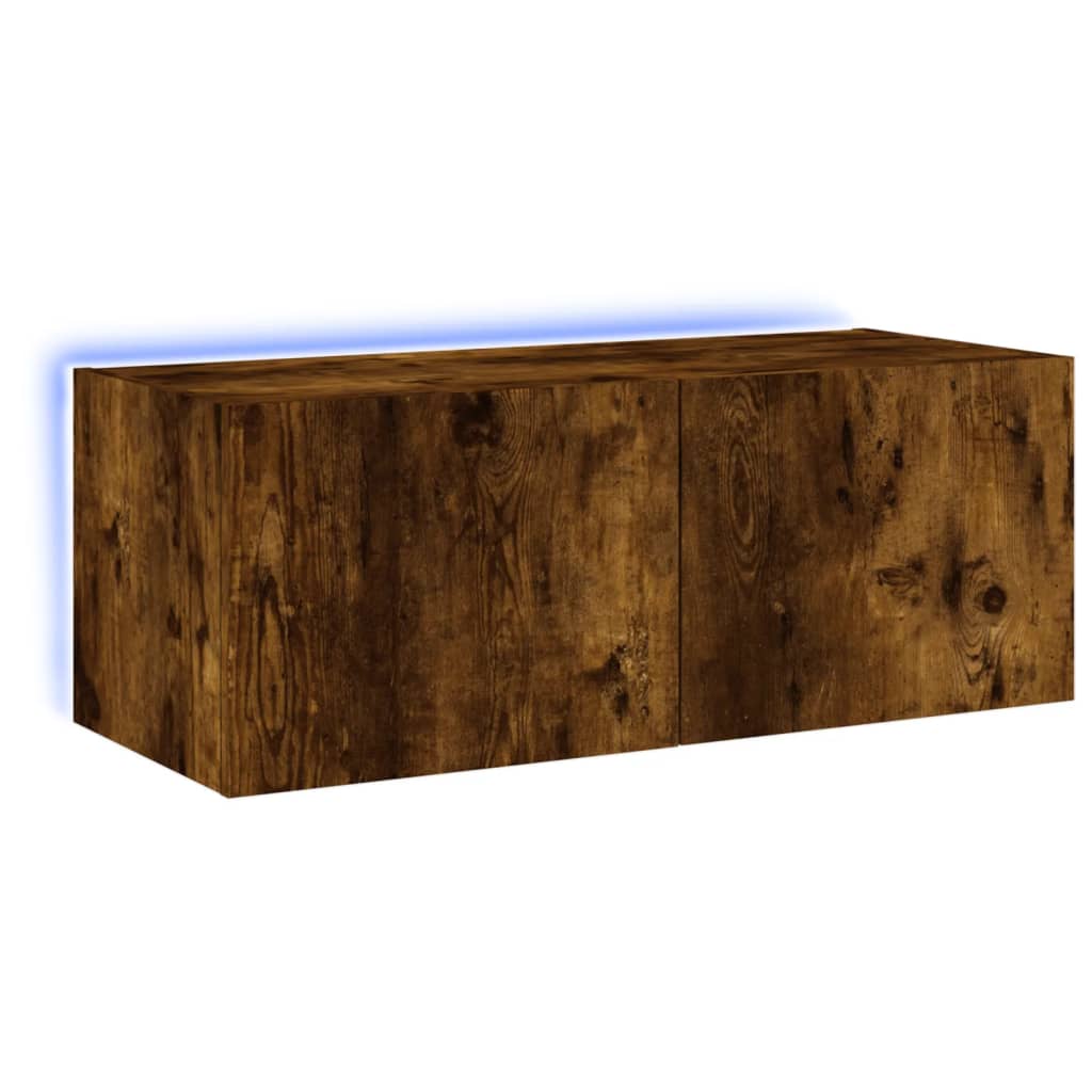 Wall-mounted TV cabinet with LED lights, smoky oak, 80x35x31 cm