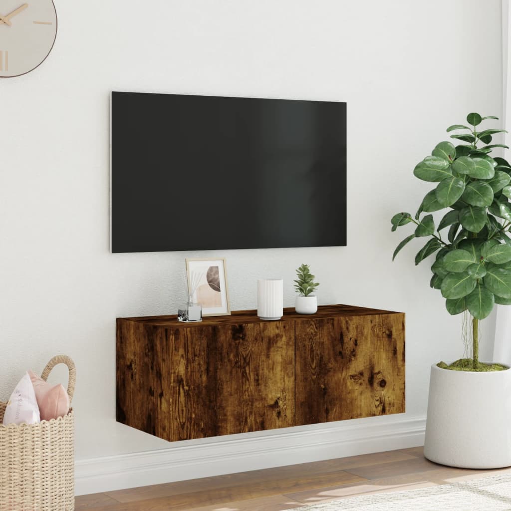 Wall-mounted TV cabinet with LED lights, smoky oak, 80x35x31 cm