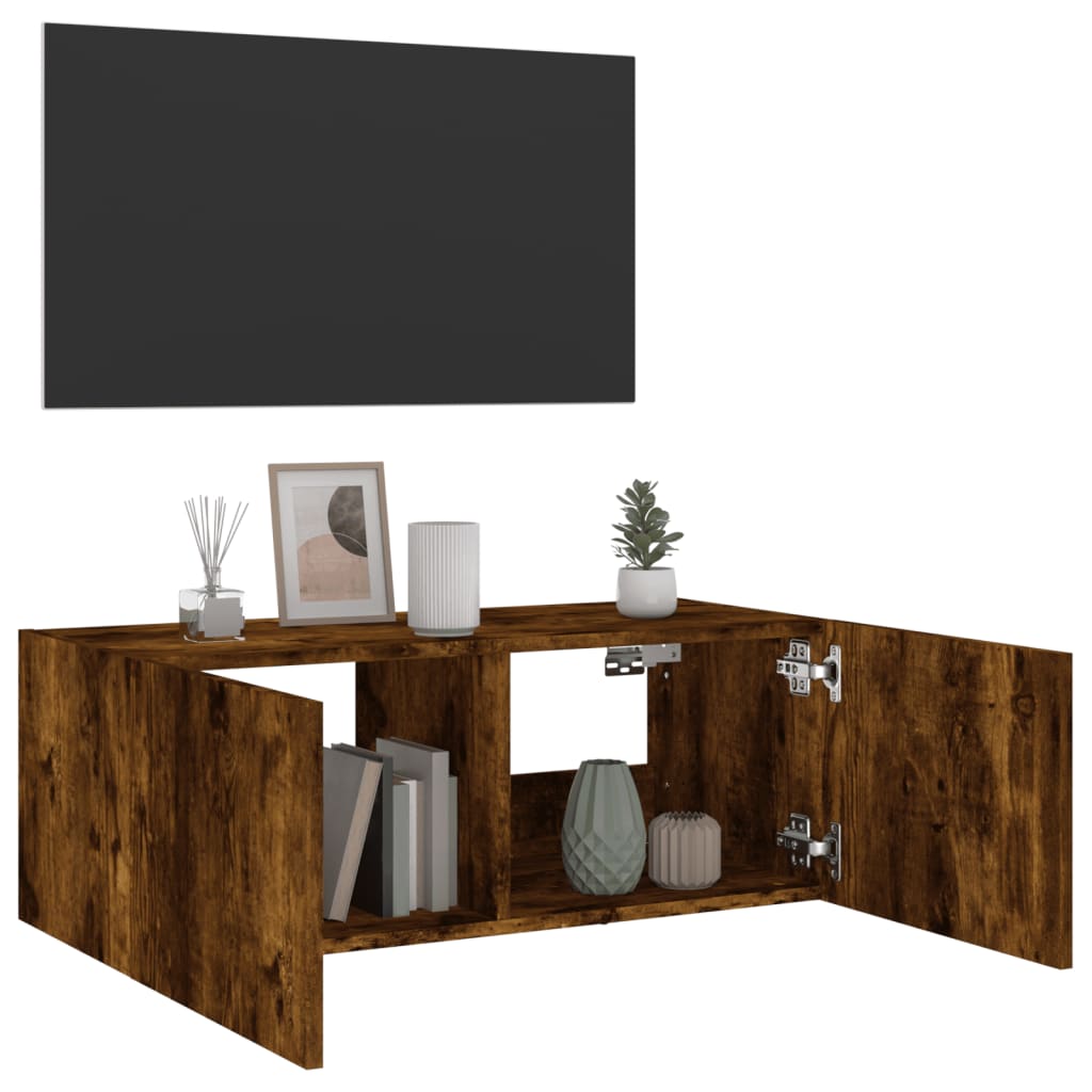 Wall-mounted TV cabinet with LED lights, smoky oak, 80x35x31 cm