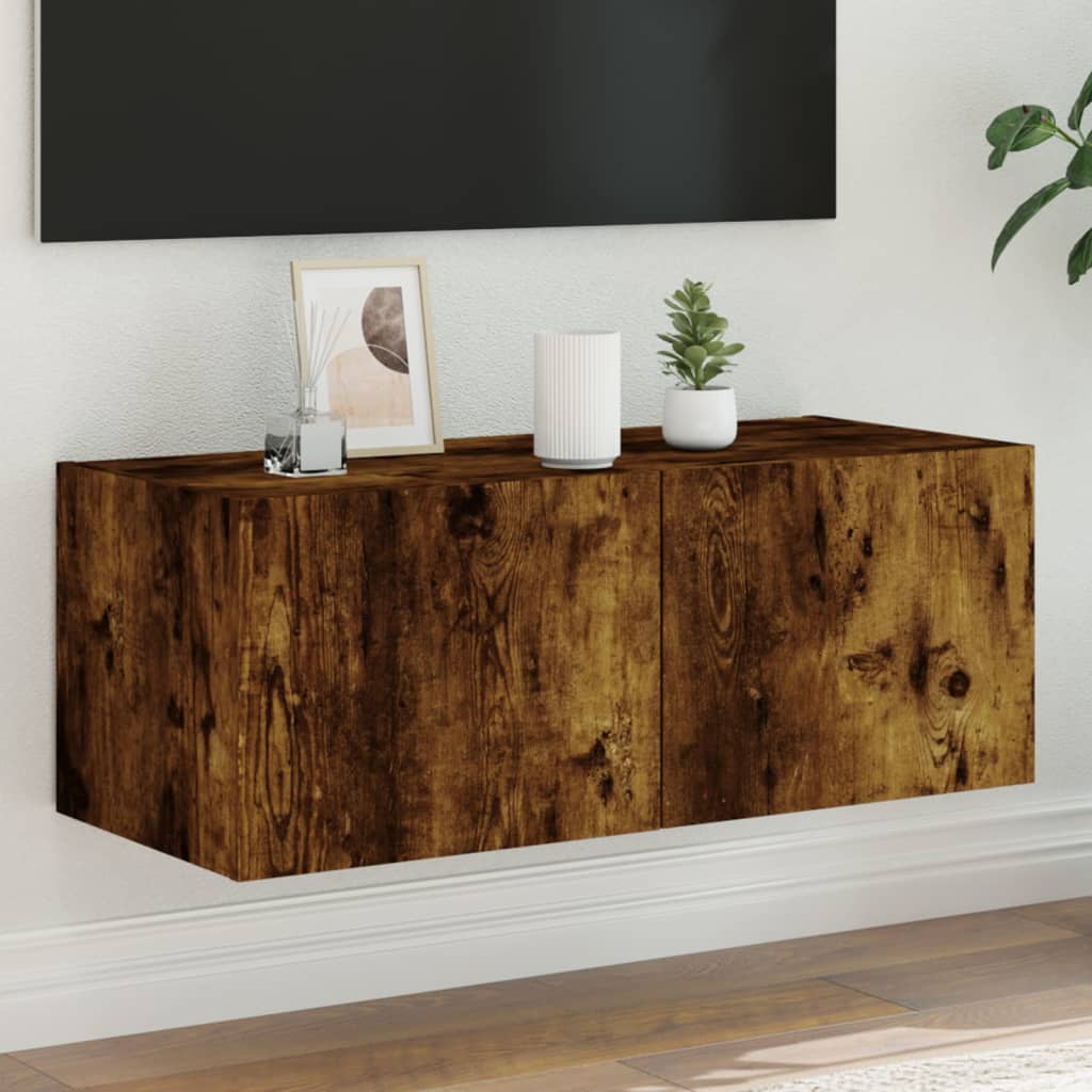 Wall-mounted TV cabinet with LED lights, smoky oak, 80x35x31 cm