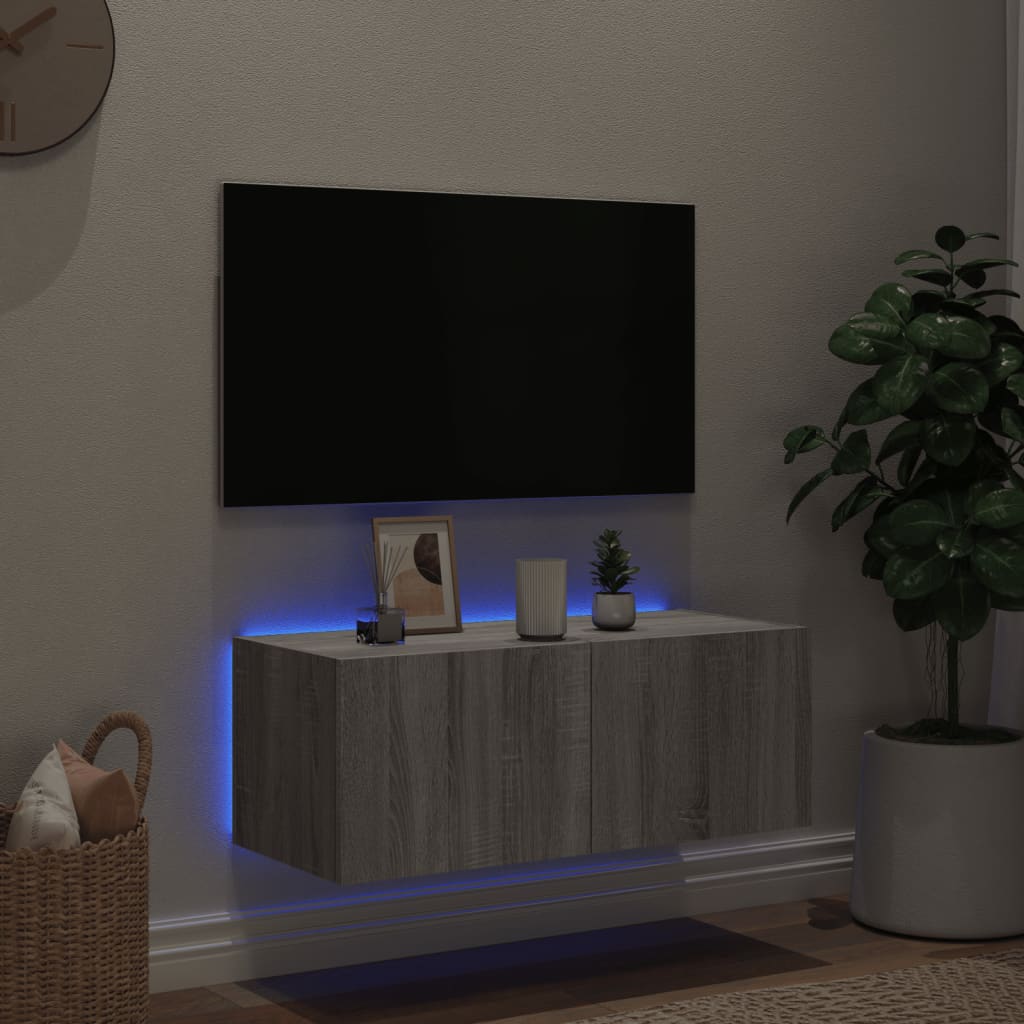 Wall-mounted TV cabinet with LED lights, sonoma gray, 80x35x31 cm