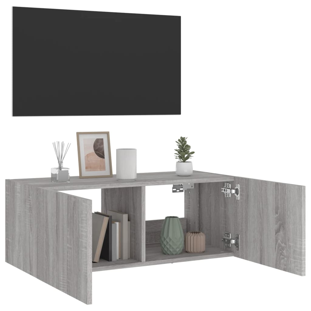 Wall-mounted TV cabinet with LED lights, sonoma gray, 80x35x31 cm