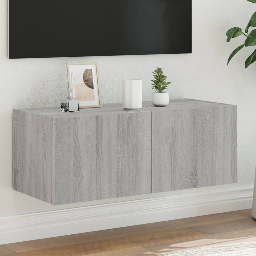 Wall-mounted TV cabinet with LED lights, sonoma gray, 80x35x31 cm
