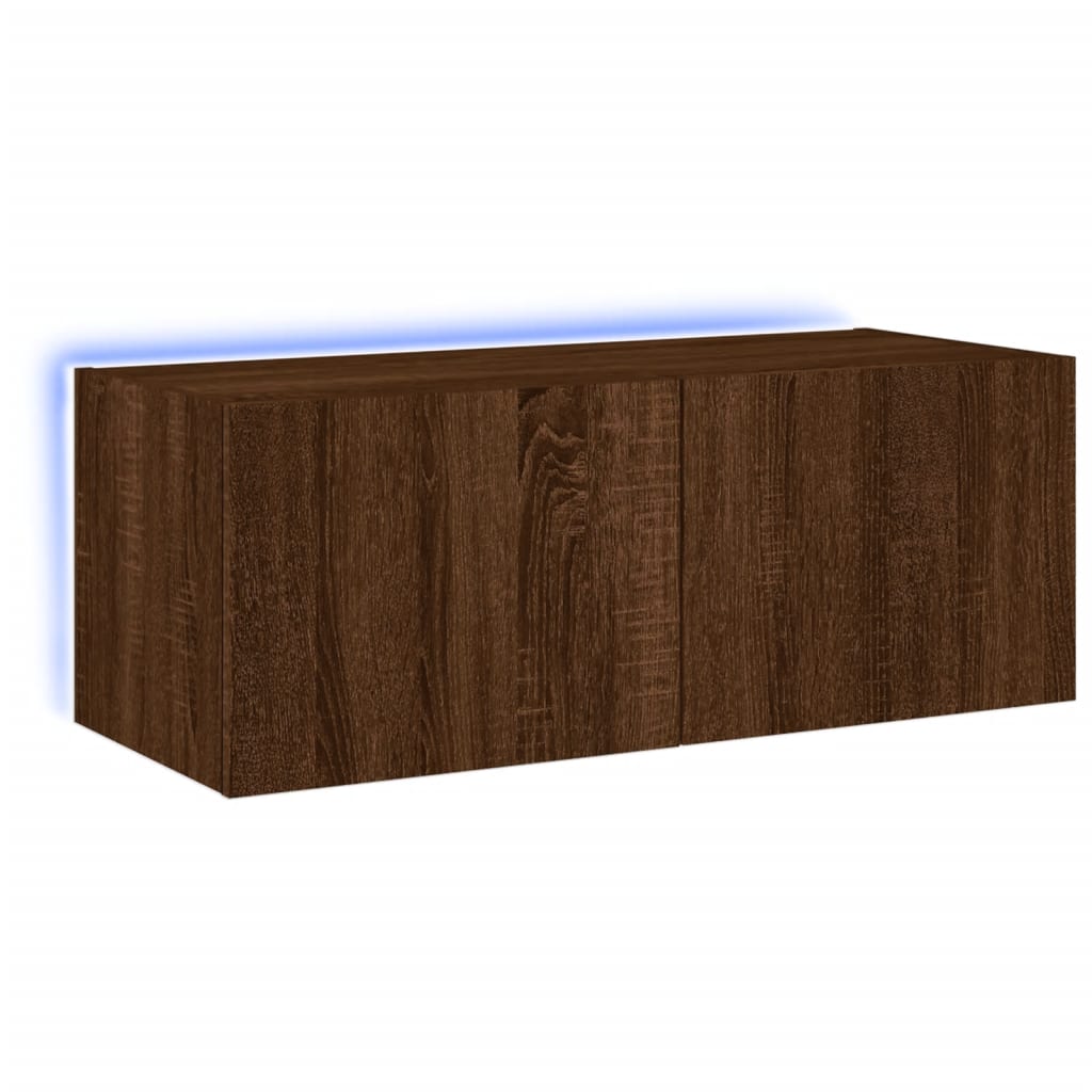 Comodă TV de perete cu lumini LED, stejar maro, 80x35x31 cm