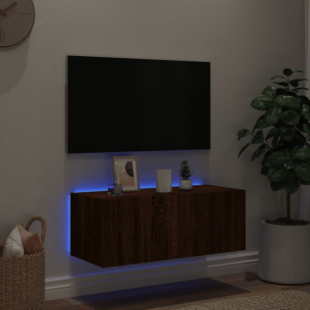 Comodă TV de perete cu lumini LED, stejar maro, 80x35x31 cm