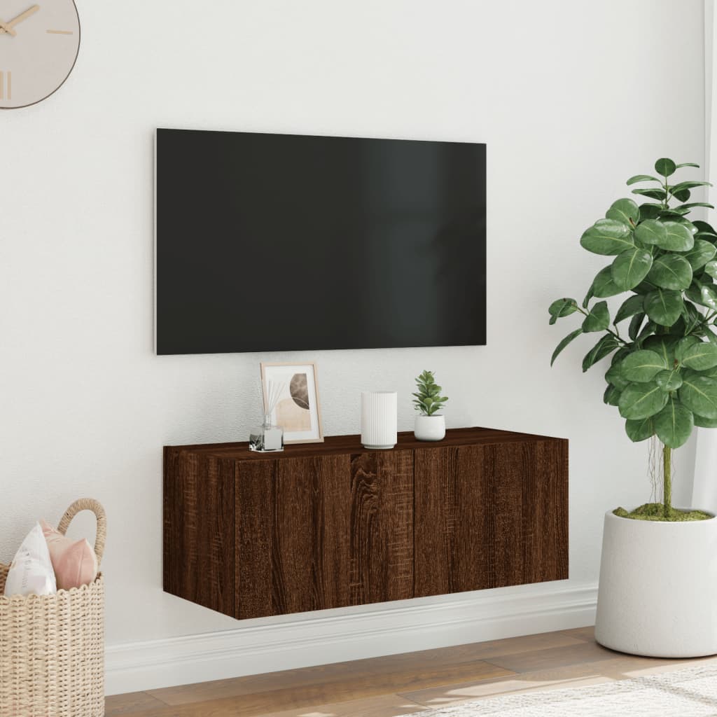 Comodă TV de perete cu lumini LED, stejar maro, 80x35x31 cm