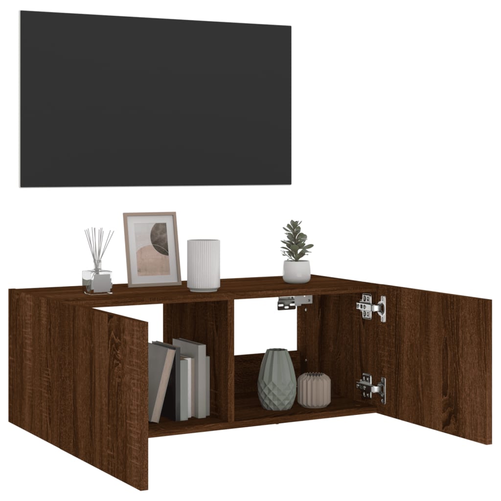Comodă TV de perete cu lumini LED, stejar maro, 80x35x31 cm