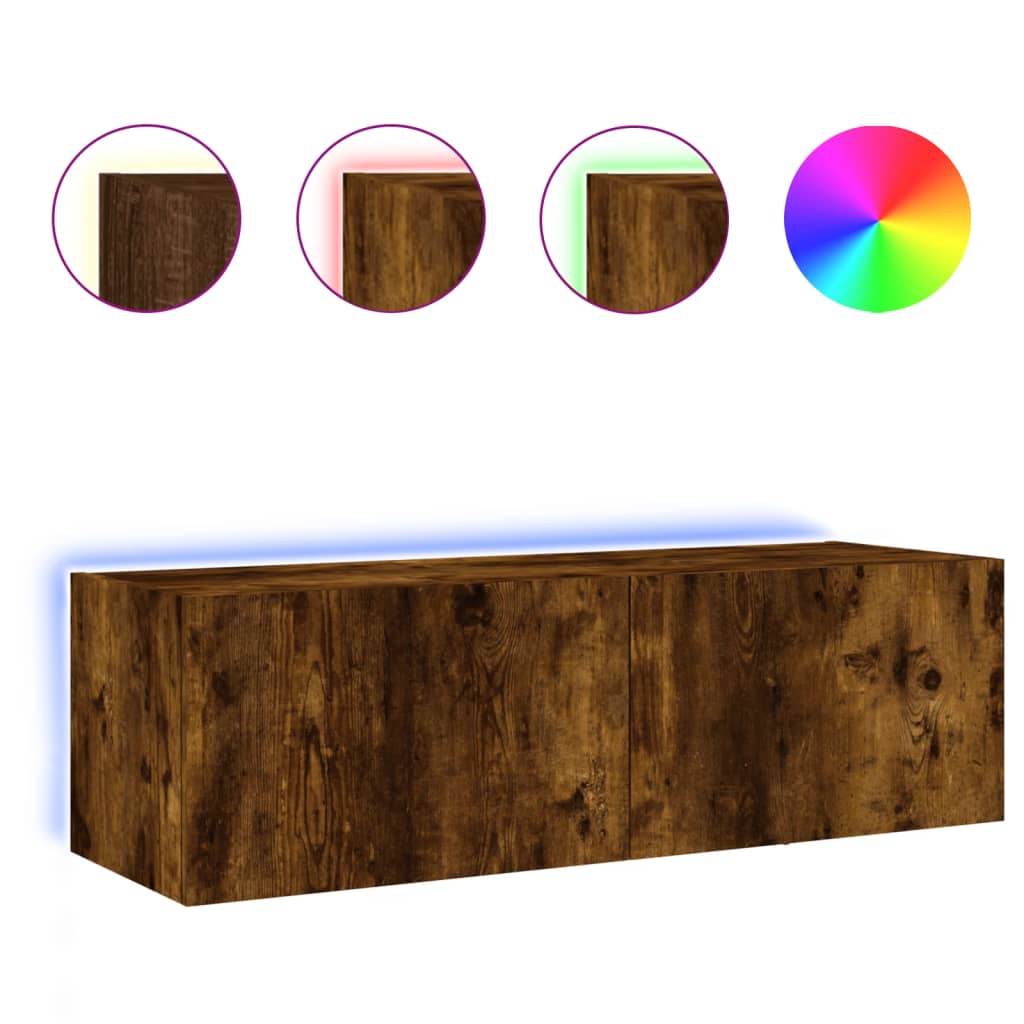 Comodă TV de perete cu lumini LED, stejar fumuriu, 100x35x31 cm