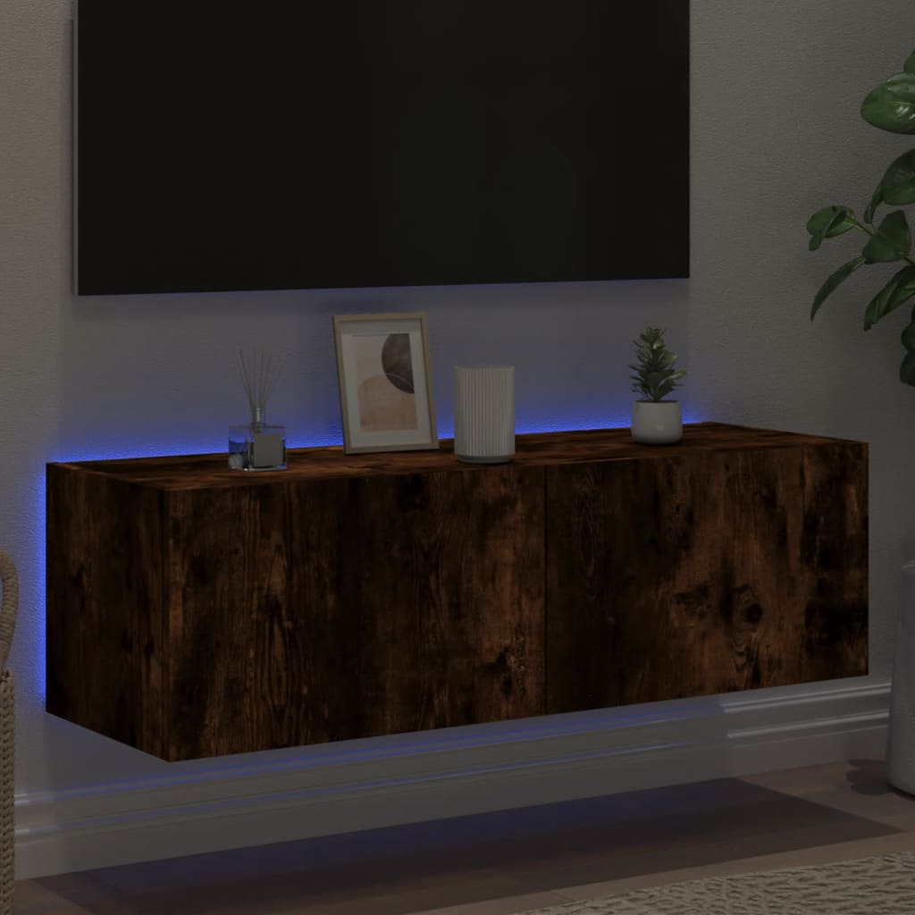 Comodă TV de perete cu lumini LED, stejar fumuriu, 100x35x31 cm