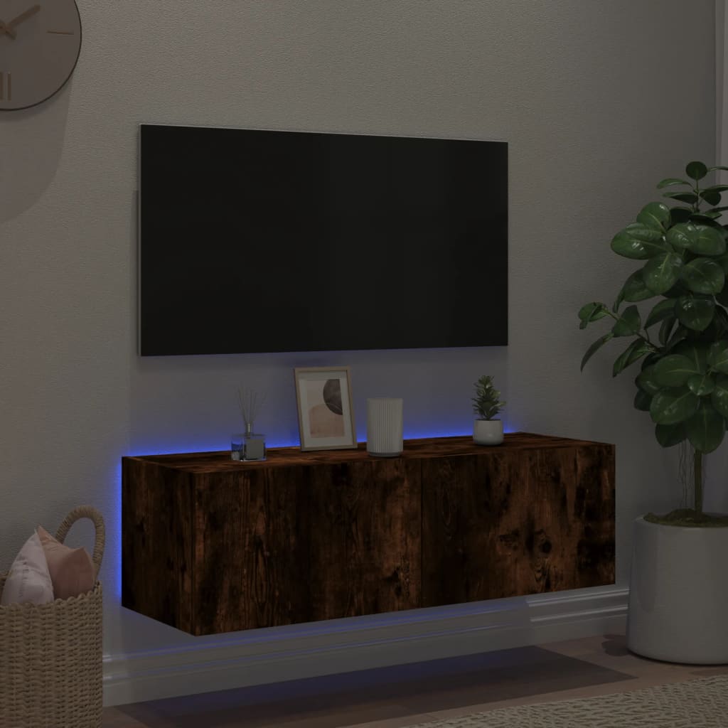 Comodă TV de perete cu lumini LED, stejar fumuriu, 100x35x31 cm