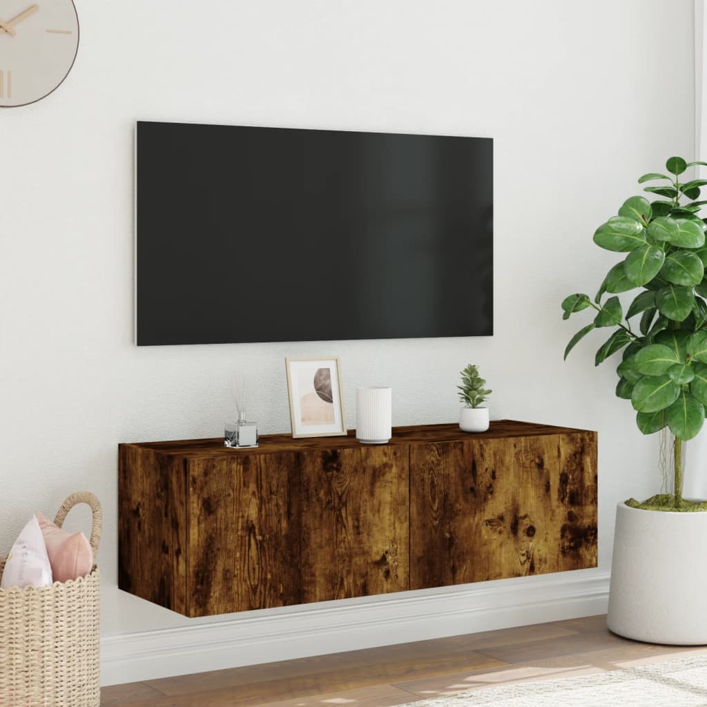 Comodă TV de perete cu lumini LED, stejar fumuriu, 100x35x31 cm