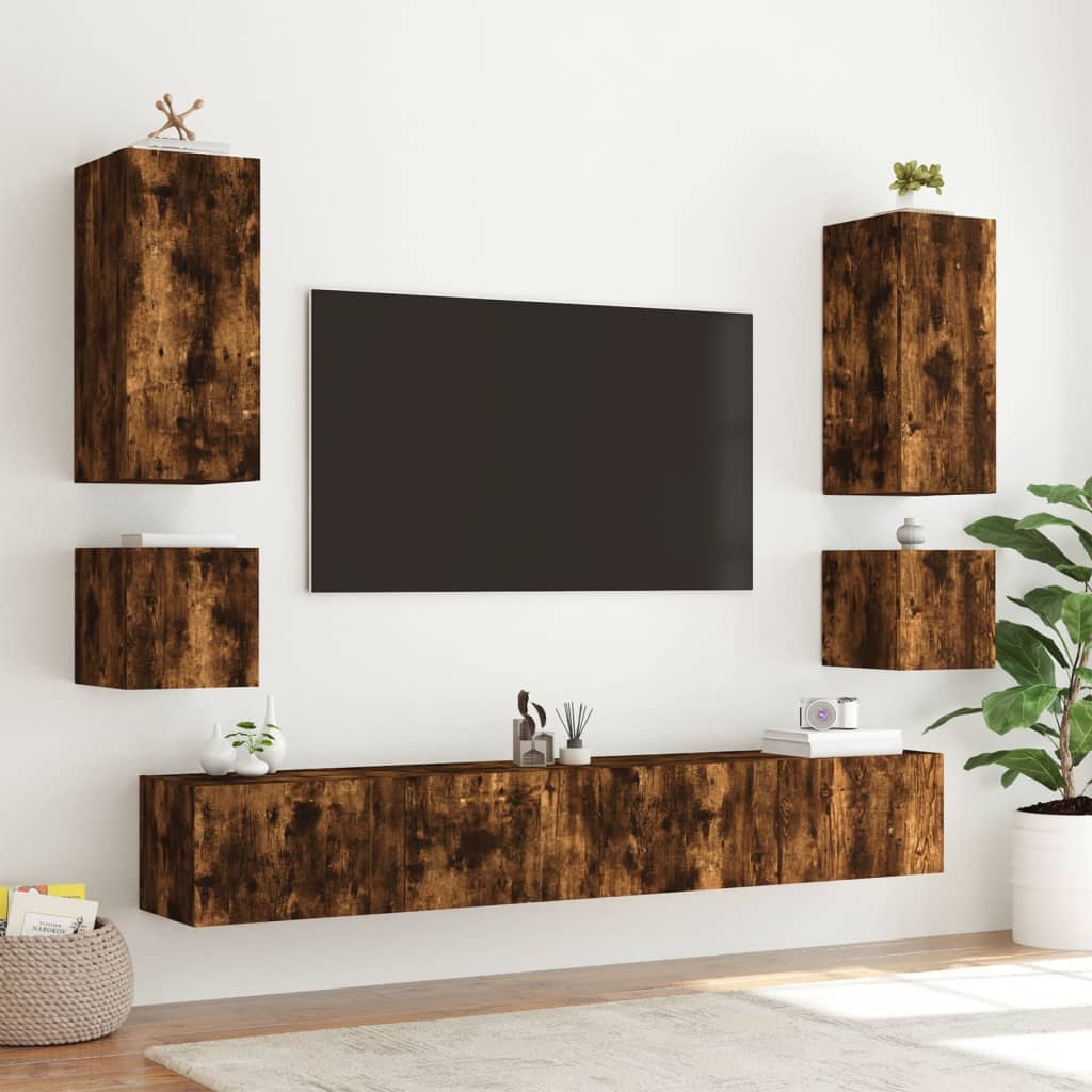 Comodă TV de perete cu lumini LED, stejar fumuriu, 100x35x31 cm