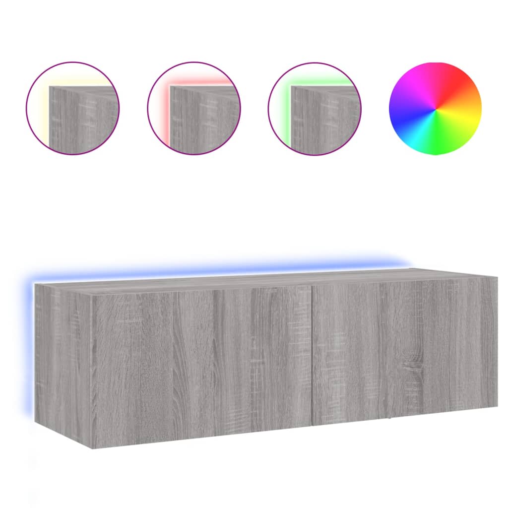 Comodă TV de perete cu lumini LED, gri sonoma, 100x35x31 cm