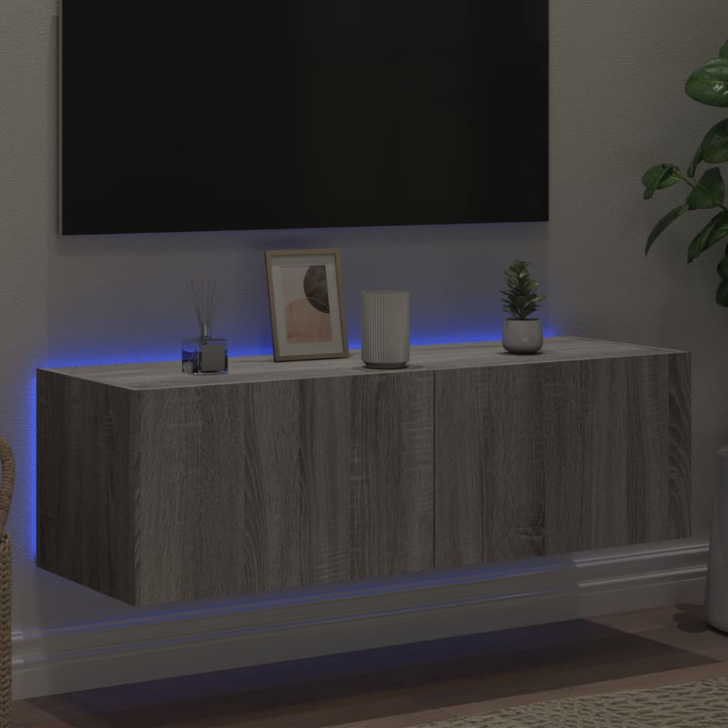 Comodă TV de perete cu lumini LED, gri sonoma, 100x35x31 cm