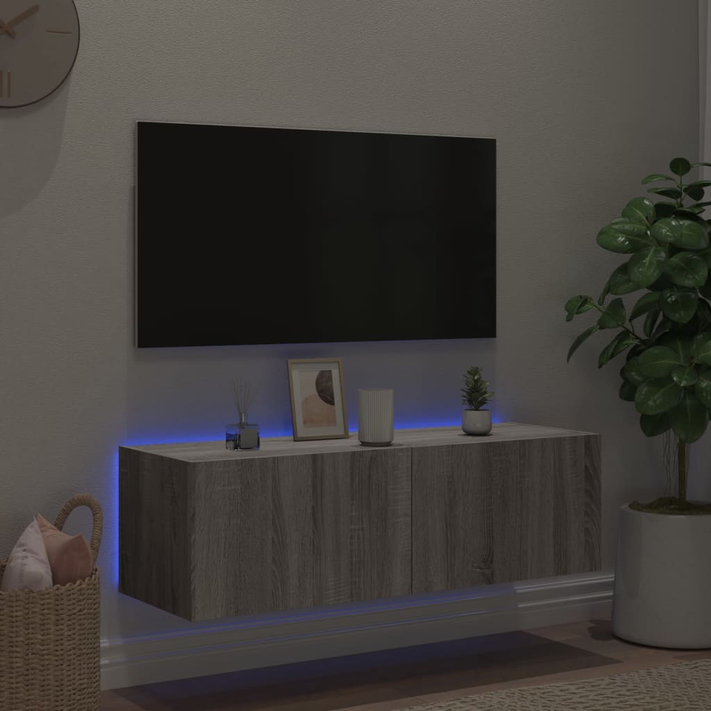 Comodă TV de perete cu lumini LED, gri sonoma, 100x35x31 cm