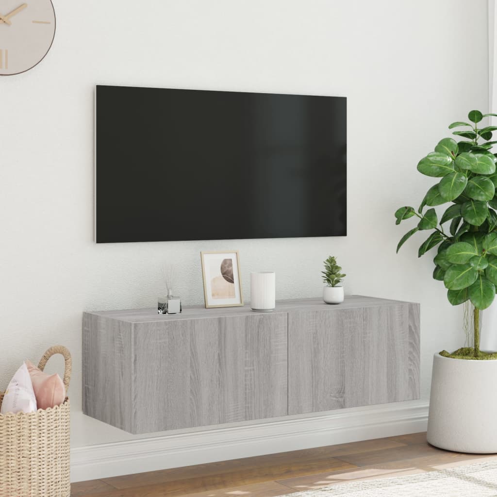 Comodă TV de perete cu lumini LED, gri sonoma, 100x35x31 cm