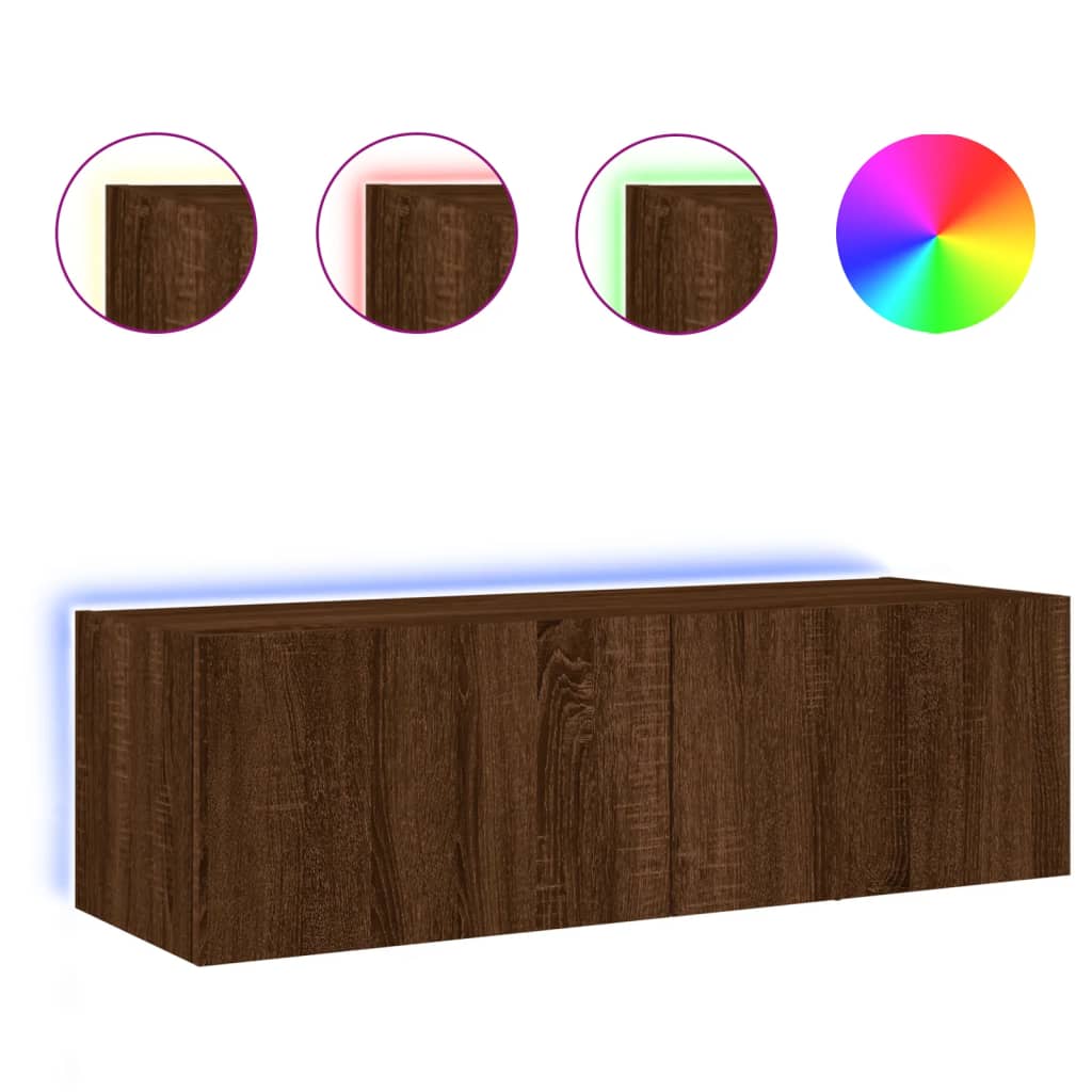 Wall-mounted TV cabinet with LED lights, brown oak, 100x35x31 cm