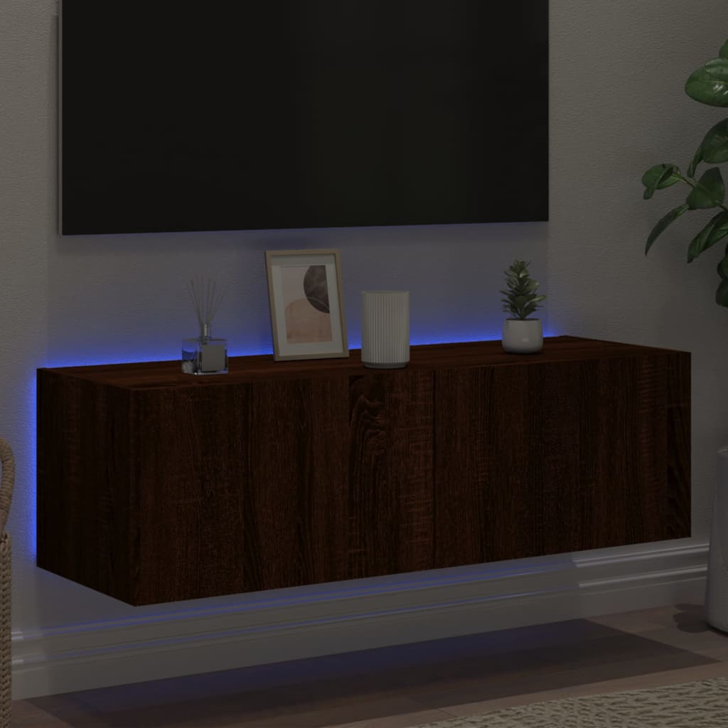 Wall-mounted TV cabinet with LED lights, brown oak, 100x35x31 cm