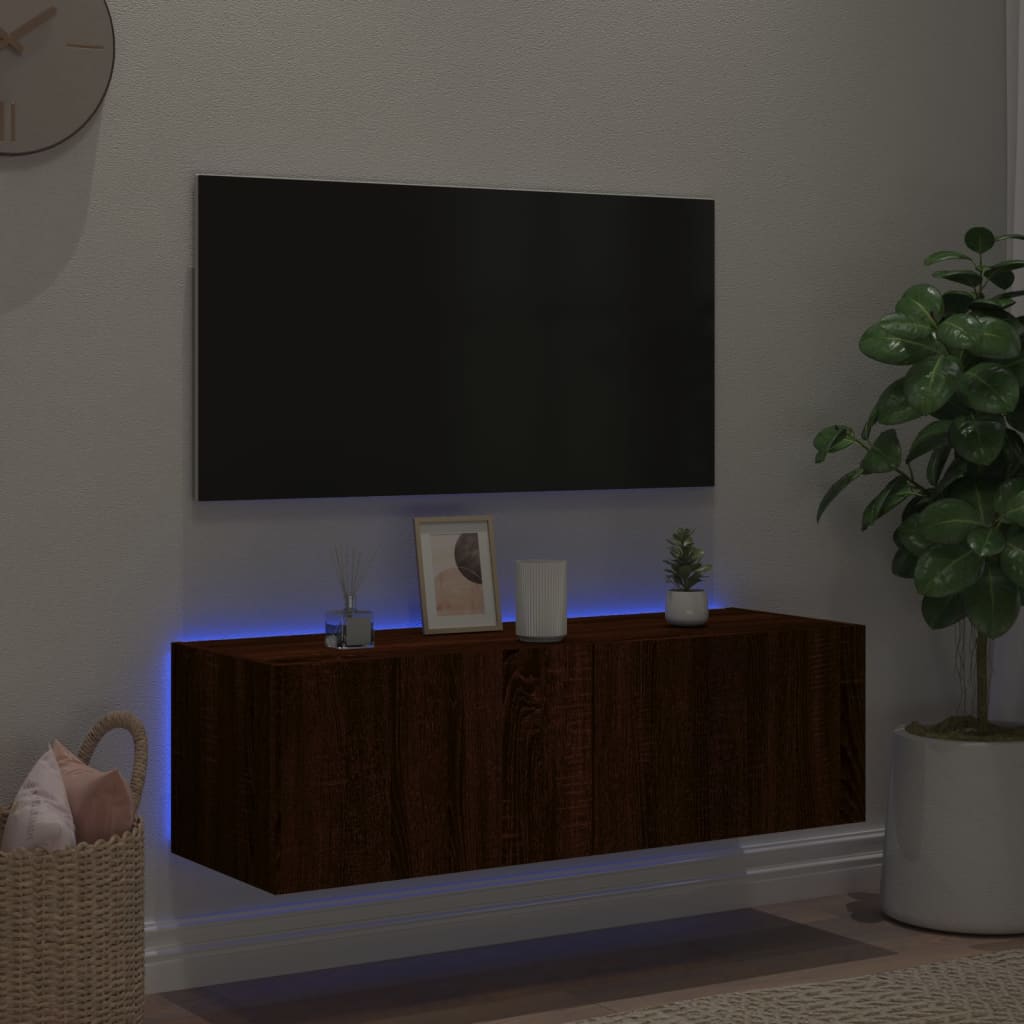 Wall-mounted TV cabinet with LED lights, brown oak, 100x35x31 cm