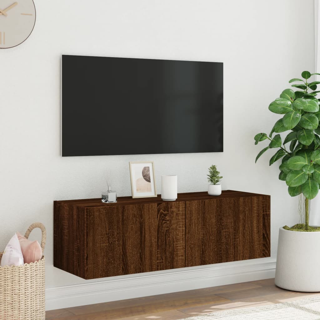 Wall-mounted TV cabinet with LED lights, brown oak, 100x35x31 cm