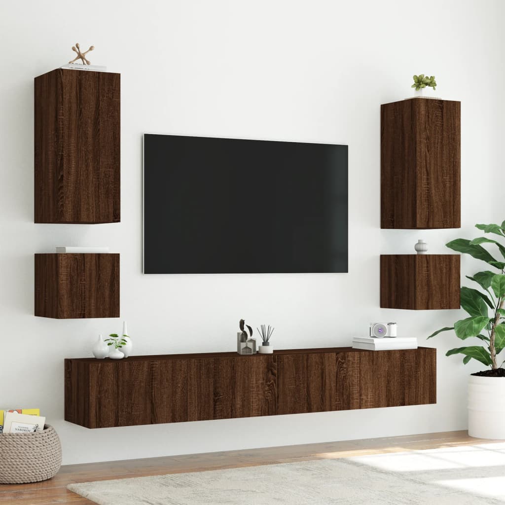 Wall-mounted TV cabinet with LED lights, brown oak, 100x35x31 cm