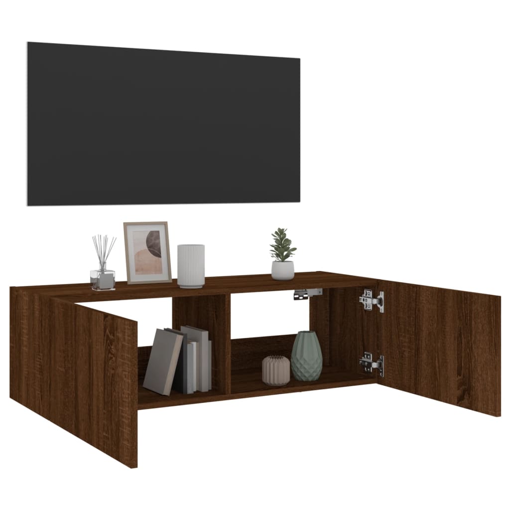 Wall-mounted TV cabinet with LED lights, brown oak, 100x35x31 cm
