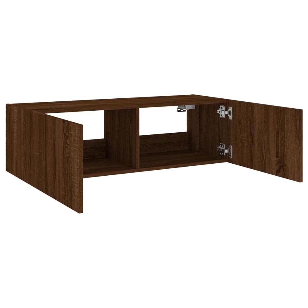 Wall-mounted TV cabinet with LED lights, brown oak, 100x35x31 cm