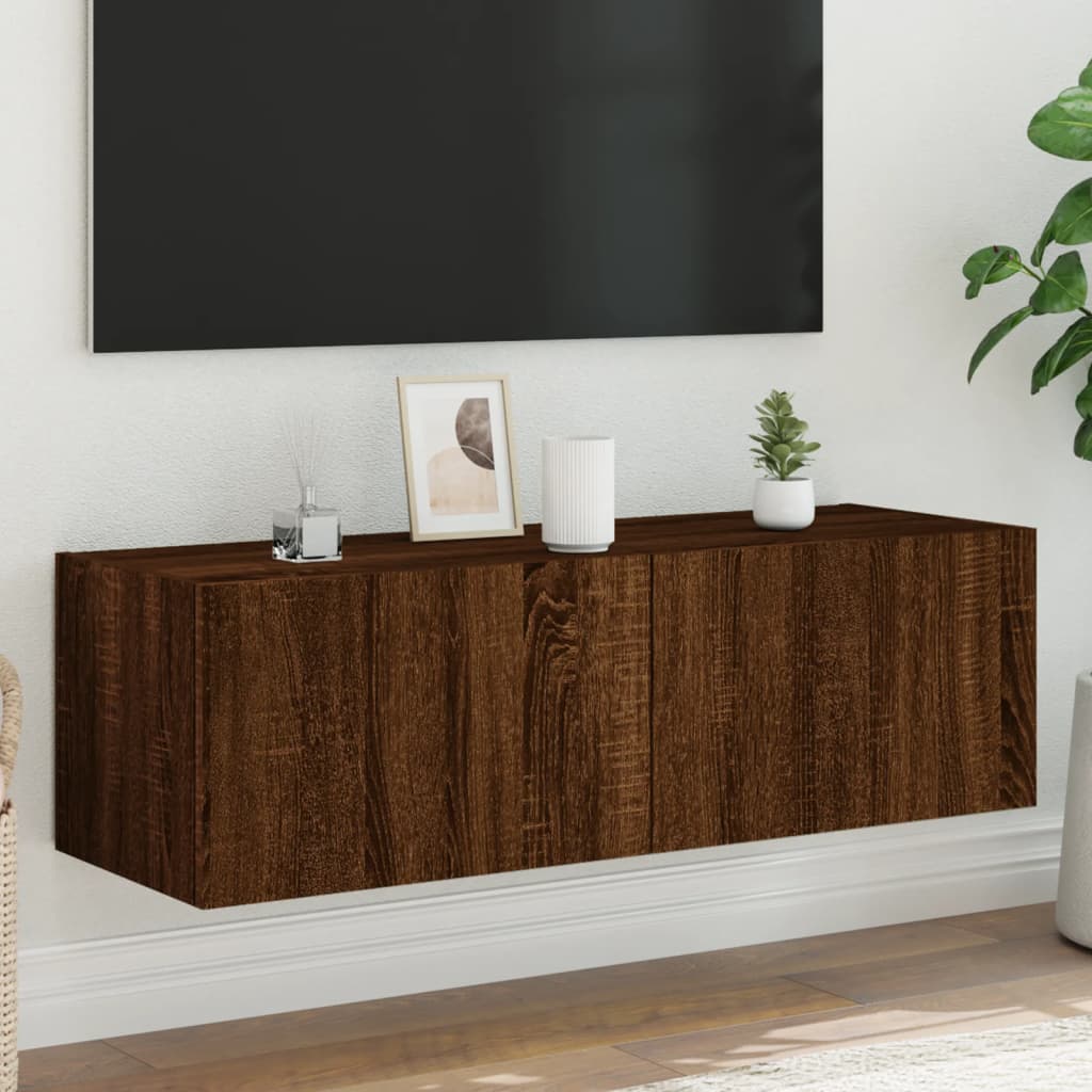 Wall-mounted TV cabinet with LED lights, brown oak, 100x35x31 cm