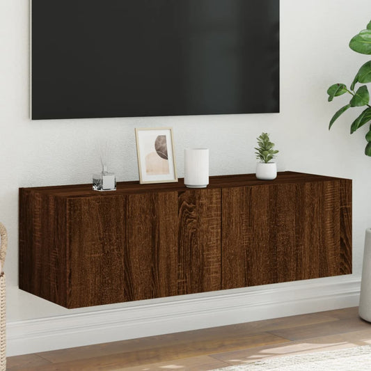 Wall-mounted TV cabinet with LED lights, brown oak, 100x35x31 cm