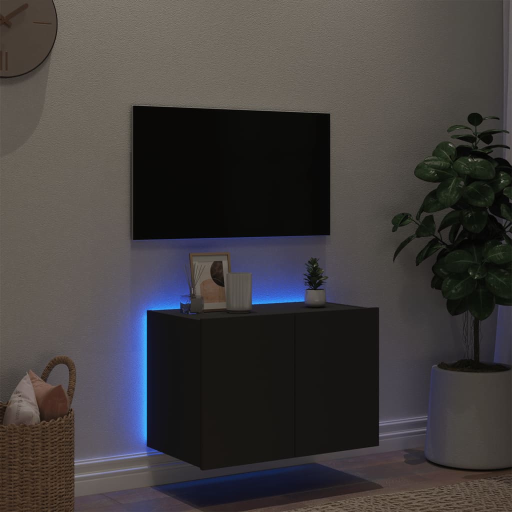 Wall-mounted TV cabinet with LED lights, black, 60x35x41 cm