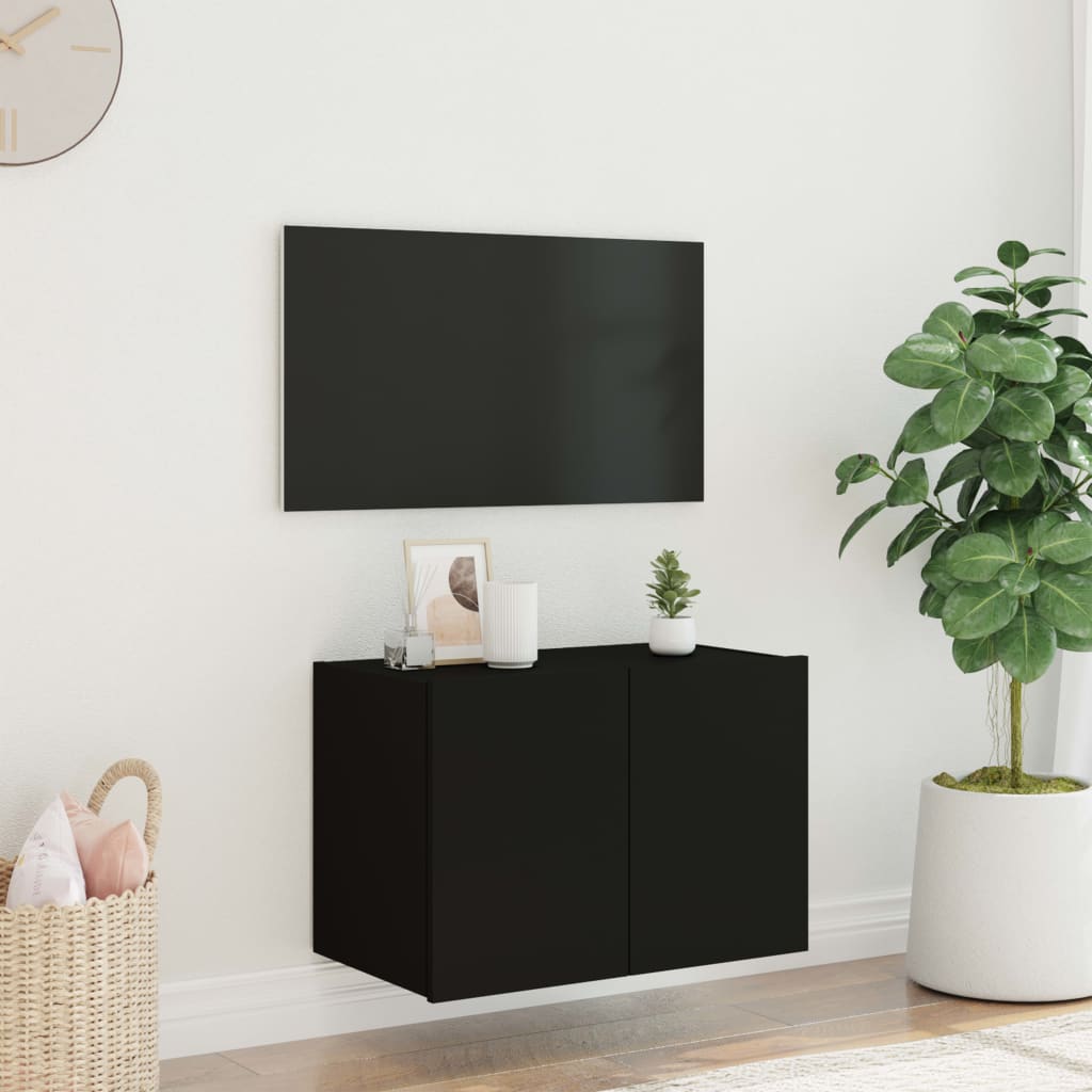 Wall-mounted TV cabinet with LED lights, black, 60x35x41 cm