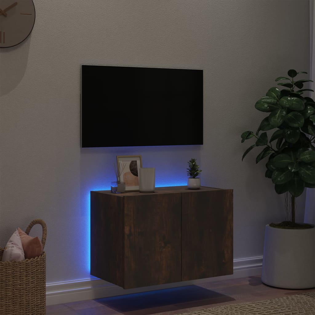 Wall-mounted TV cabinet with LED lights, smoky oak, 60x35x41 cm