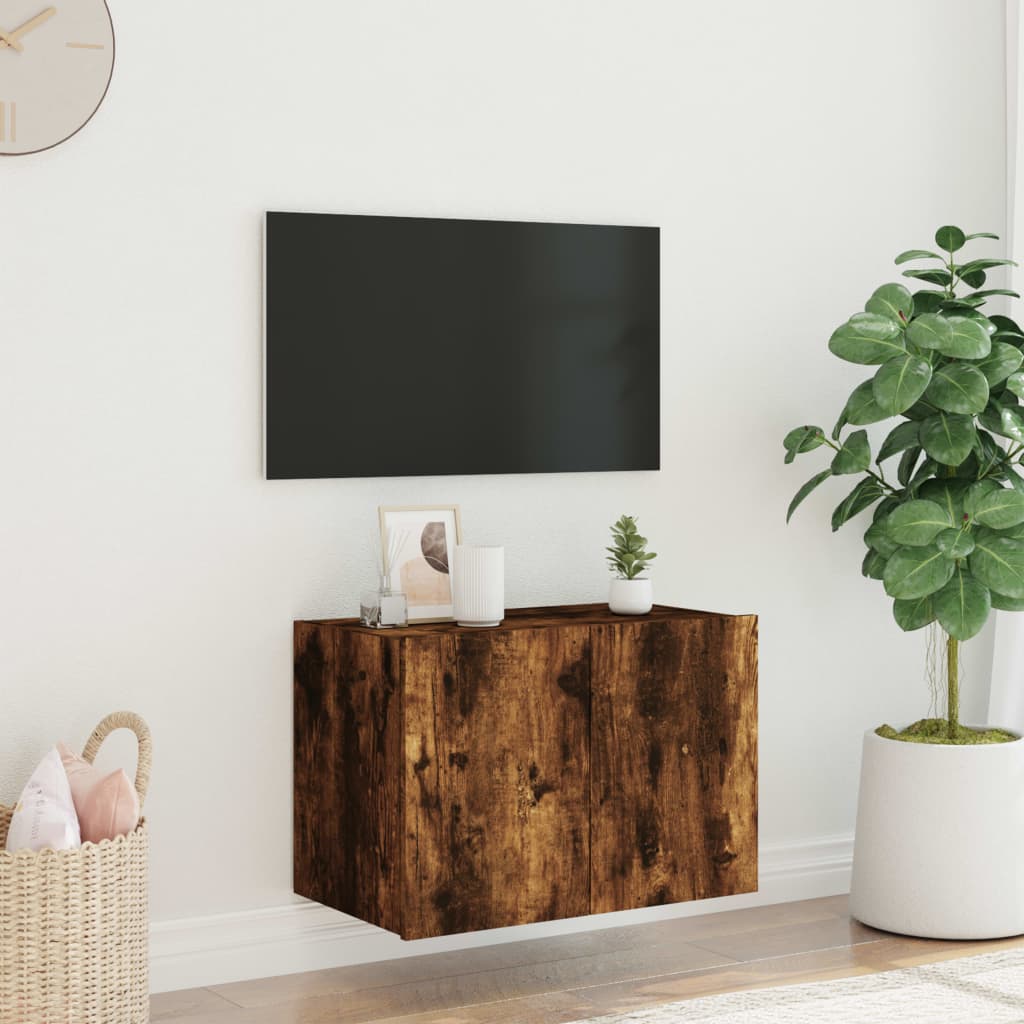 Wall-mounted TV cabinet with LED lights, smoky oak, 60x35x41 cm