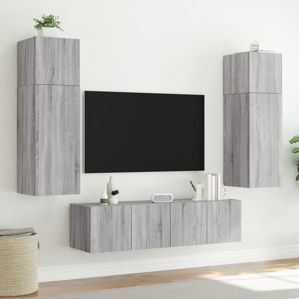 Comodă TV de perete cu LED, 2 buc, gri sonoma, 60x35x41 cm