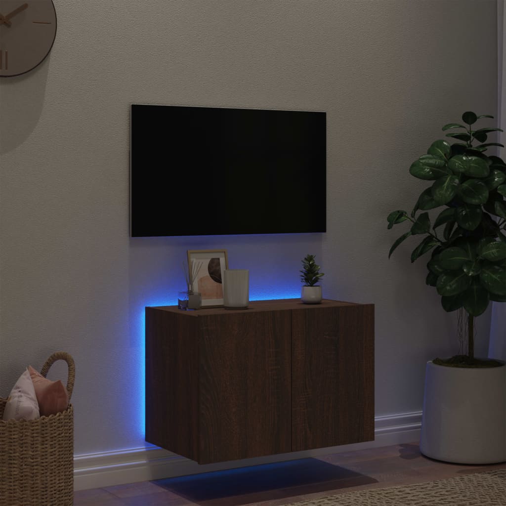 Comodă TV de perete cu lumini LED, stejar maro, 60x35x41 cm