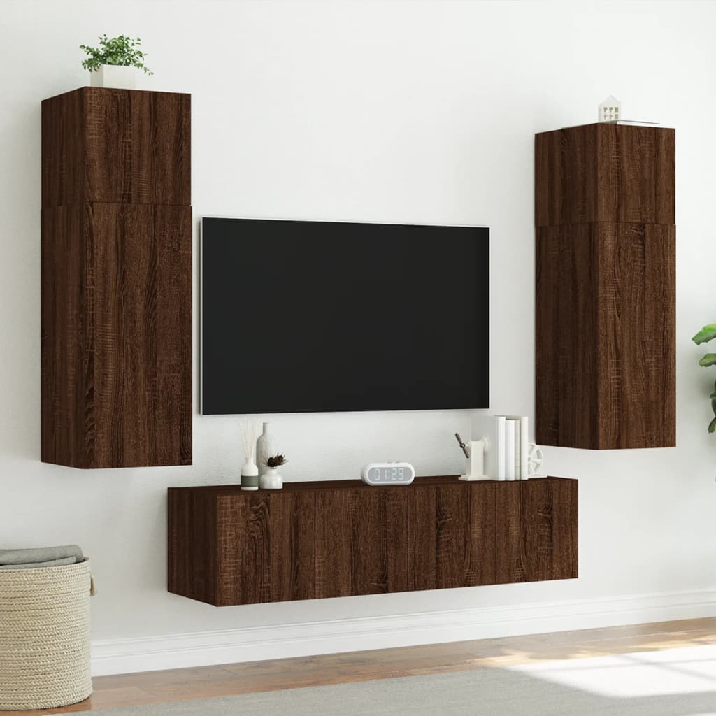 Wall-mounted TV cabinet with LED, 2 pcs. brown oak, 60x35x41 cm