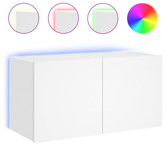 Wall-mounted TV cabinet with LED lights, white, 80x35x41 cm