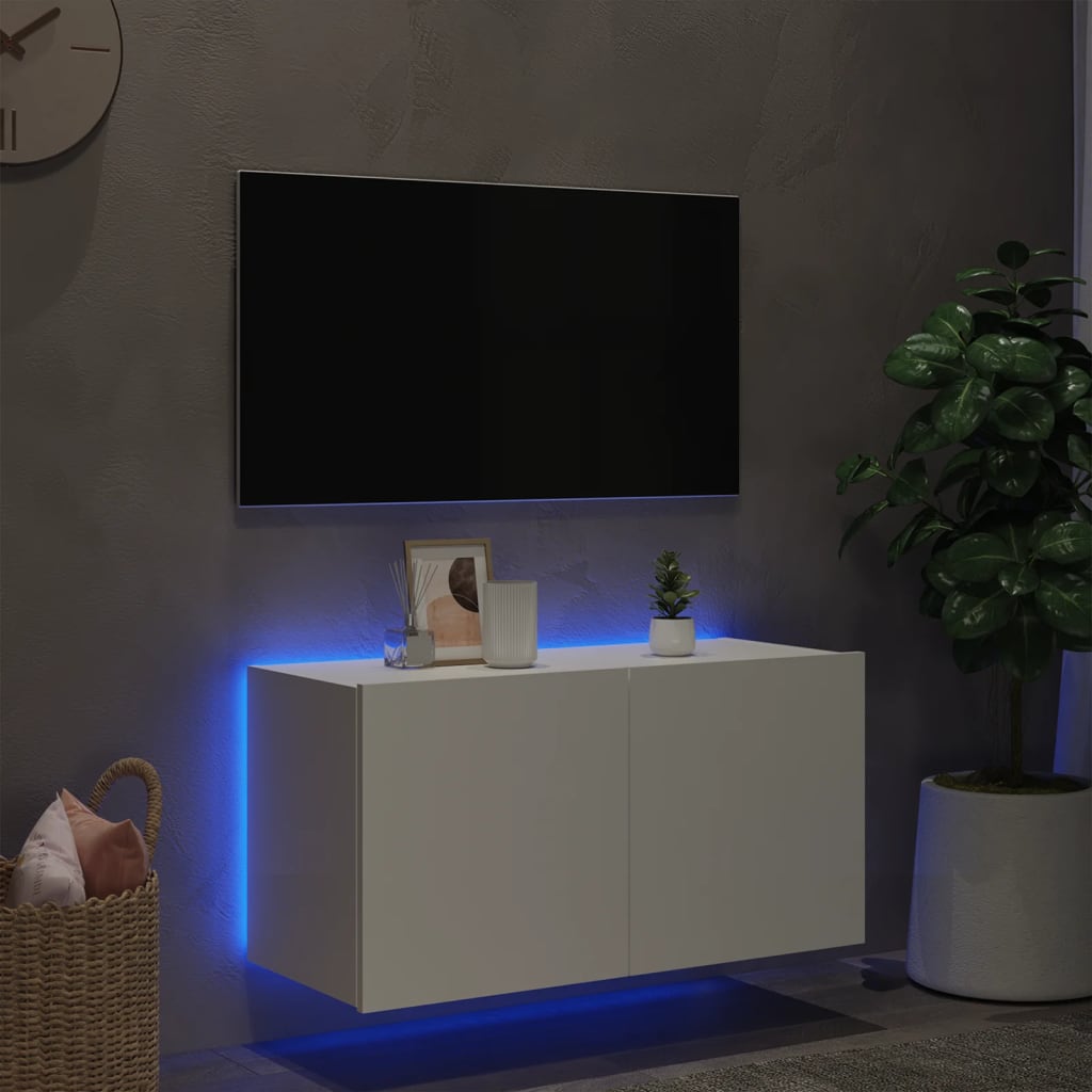 Wall-mounted TV cabinet with LED lights, white, 80x35x41 cm