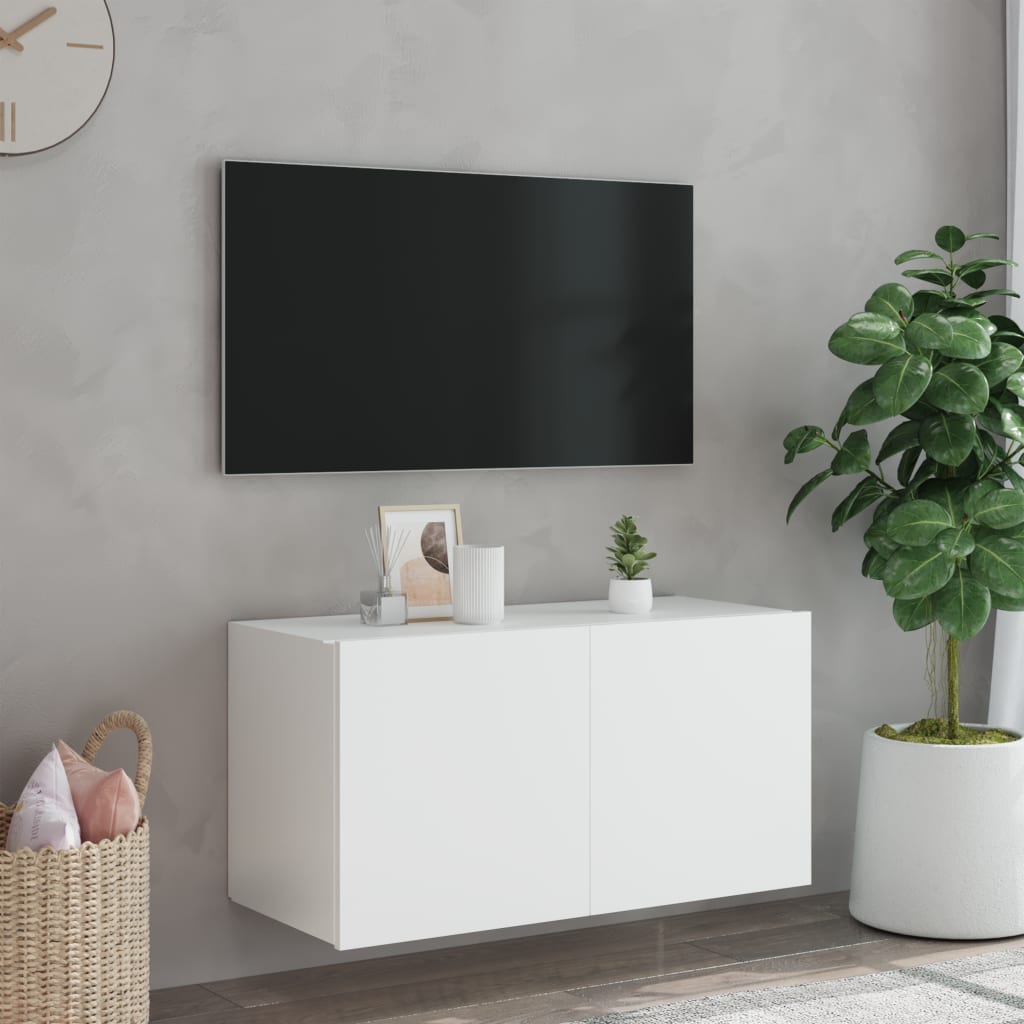 Wall-mounted TV cabinet with LED lights, white, 80x35x41 cm