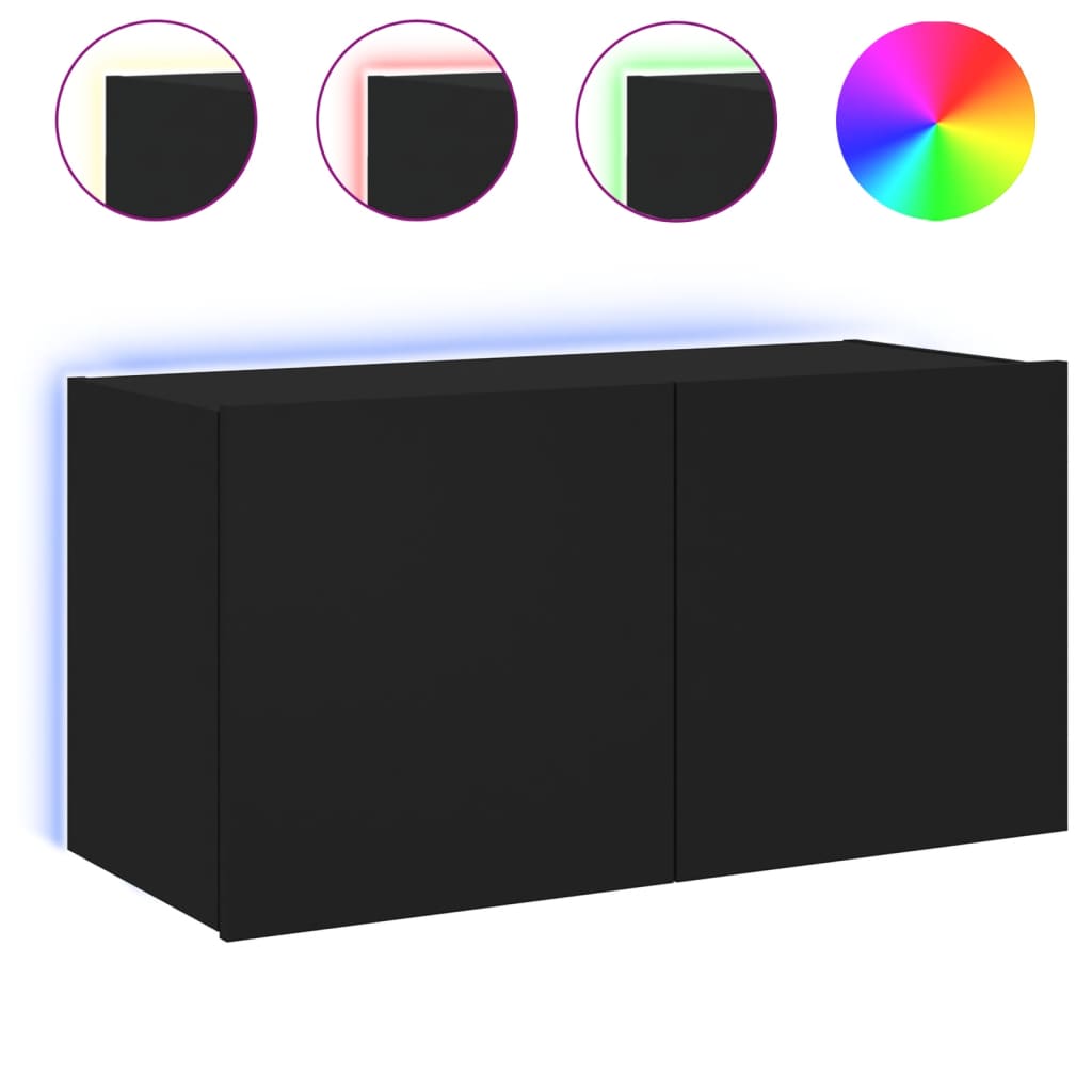Wall-mounted TV cabinet with LED lights, black, 80x35x41 cm