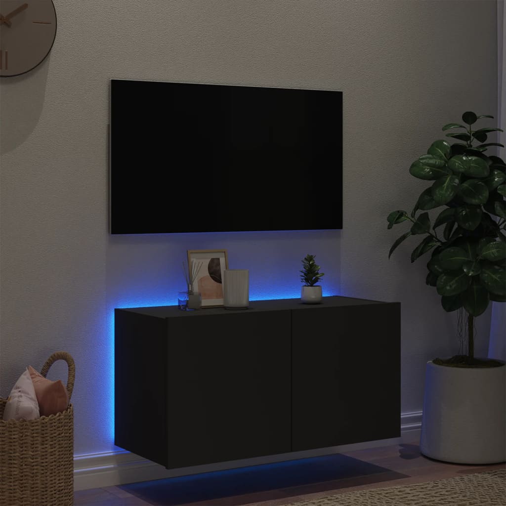Wall-mounted TV cabinet with LED lights, black, 80x35x41 cm
