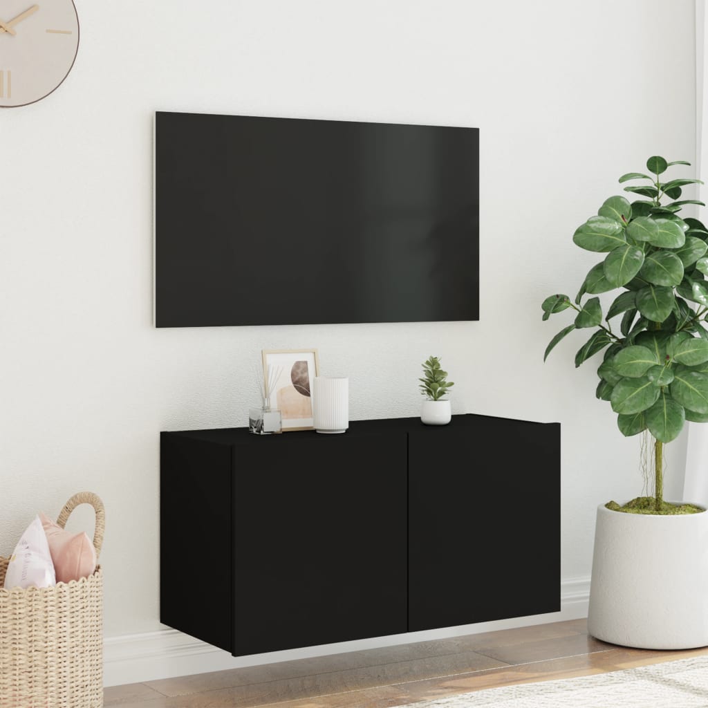 Wall-mounted TV cabinet with LED lights, black, 80x35x41 cm