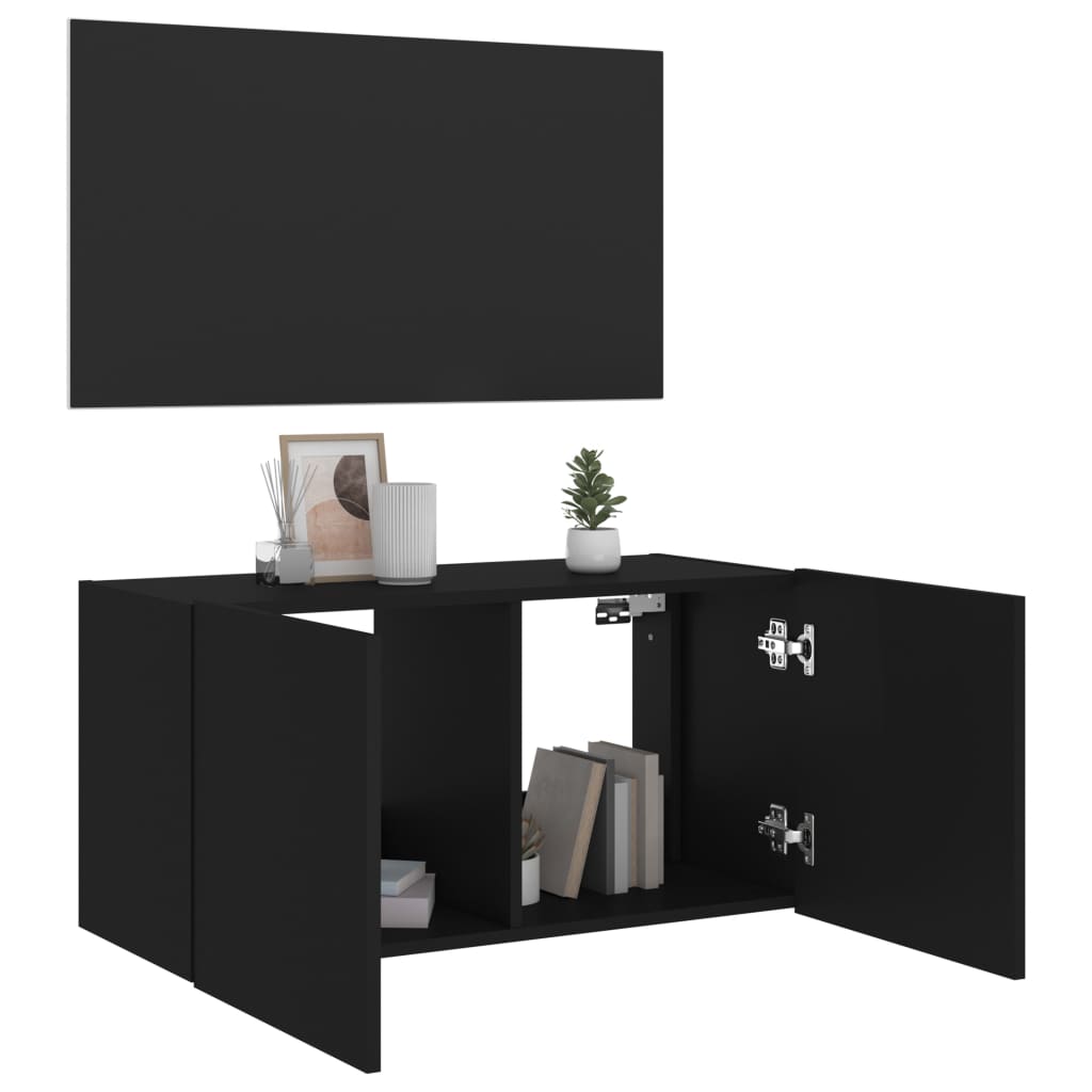 Wall-mounted TV cabinet with LED lights, black, 80x35x41 cm