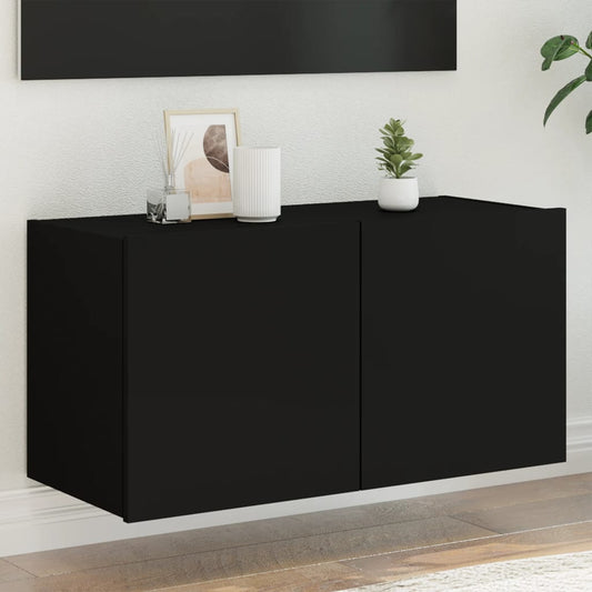 Comodă TV de perete cu lumini LED, negru, 80x35x41 cm