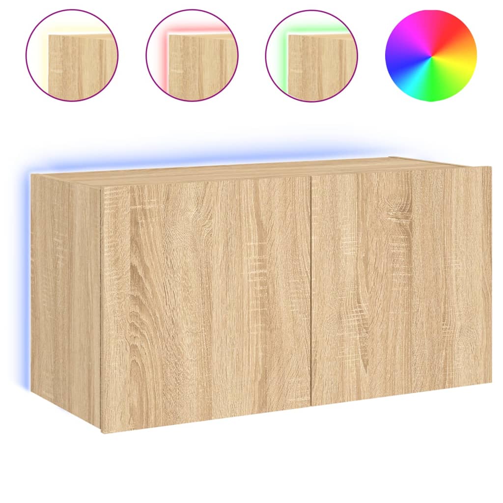 Wall-mounted TV cabinet with LED lights, sonoma oak, 80x35x41 cm