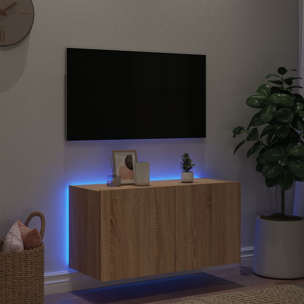 Wall-mounted TV cabinet with LED lights, sonoma oak, 80x35x41 cm